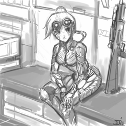 Size: 700x700 | Tagged: safe, artist:johnjoseco, character:nurse redheart, species:human, crossover, ghost, grayscale, gun, humanized, monochrome, nova, rifle, starcraft, starcraft 2, weapon