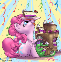 Size: 1000x1024 | Tagged: safe, artist:atryl, character:gummy, character:pinkie pie, blep, cake, clothing, confetti, cute, diapinkes, eating, female, food, hat, pet, silly, sitting, solo, tongue out, top hat