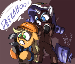 Size: 1181x1000 | Tagged: safe, artist:atryl, character:applejack, character:rarity, crossover, engineer, spy, team fortress 2