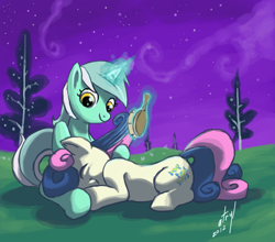Size: 738x650 | Tagged: safe, artist:atryl, character:bon bon, character:lyra heartstrings, character:sweetie drops, ship:lyrabon, brush, brushing, cute, eyes, magic, night, shipping, snuggling, stars, telekinesis, things friends do for each other