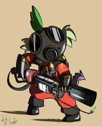 Size: 1100x1361 | Tagged: safe, artist:atryl, character:spike, crossover, flamethrower, hilarious in hindsight, male, pyro, solo, spike pyro, team fortress 2, weapon