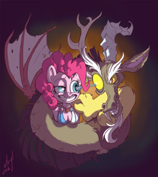 Size: 895x1000 | Tagged: safe, artist:atryl, character:discord, character:pinkie pie, species:anthro, species:draconequus, species:earth pony, species:pony