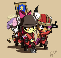 Size: 1254x1200 | Tagged: safe, artist:atryl, character:apple bloom, character:scootaloo, character:sweetie belle, species:pegasus, species:pony, crossover, cutie mark crusaders, soldier, team fortress 2