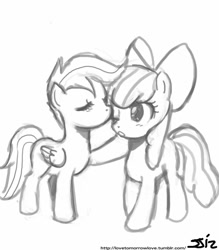 Size: 735x840 | Tagged: safe, artist:johnjoseco, character:apple bloom, character:scootaloo, species:pegasus, species:pony, ship:scootabloom, female, grayscale, kissing, lesbian, monochrome, shipping