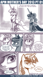 Size: 500x895 | Tagged: safe, artist:johnjoseco, character:princess celestia, character:princess luna, oc, oc:fausticorn, species:alicorn, species:pony, ask princess molestia, princess molestia, ask, braid, comic, lauren faust, mother's day, ponytail