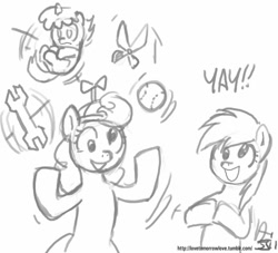 Size: 1000x909 | Tagged: safe, artist:johnjoseco, character:derpy hooves, character:dinky hooves, character:screwball, species:pegasus, species:pony, female, grayscale, juggling, mare, monochrome, pony juggle, sketch, yay