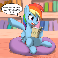 Size: 800x792 | Tagged: safe, artist:johnjoseco, character:daring do, character:rainbow dash, species:pegasus, species:pony, adobe imageready, beanbag chair, book, couch, dialogue, female, golden oaks library, holding, library, mare, open mouth, reading, sitting, solo, talking to herself