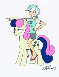 Size: 5100x6600 | Tagged: safe, artist:johnjoseco, artist:smg-73, character:bon bon, character:lyra heartstrings, character:sweetie drops, species:human, ship:lyrabon, absurd resolution, bon bon is not amused, clothing, female, humanized, humans riding ponies, lesbian, pointing, riding, sandals, shipping, simple background, smiling, unamused, white background