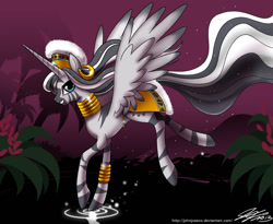 Size: 1200x984 | Tagged: safe, artist:johnjoseco, character:zecora, species:alicorn, species:pony, species:zebra, alicornified, clothing, female, flying, grin, hat, lidded eyes, looking at you, mare, race swap, smiling, solo, sparkles, spread wings, water, wings, zebra alicorn, zecoracorn