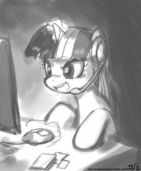 Size: 671x813 | Tagged: safe, artist:johnjoseco, character:twilight sparkle, species:pony, computer, female, game, glowing horn, grayscale, headphones, headset, horn, magic, mare, monochrome, solo, telekinesis
