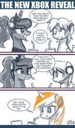 Size: 500x859 | Tagged: safe, artist:johnjoseco, character:derpy hooves, character:princess luna, oc, oc:belle eve, species:alicorn, species:pony, gamer luna, alternate hairstyle, belle eve, comic, drink, ponified, straw, xbox one