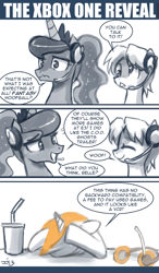 Size: 500x859 | Tagged: safe, artist:johnjoseco, character:derpy hooves, character:princess luna, oc, oc:belle eve, species:alicorn, species:pony, gamer luna, belle eve, comic, drink, neogaf, ponified, straw, xbox one