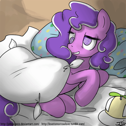Size: 900x900 | Tagged: safe, artist:johnjoseco, character:screwball, species:earth pony, species:pony, episode:the return of harmony, g4, my little pony: friendship is magic, adobe imageready, bed, clothing, female, hat, mare, morning ponies, on side, pillow, propeller hat, quill, smiling, solo, swirly eyes