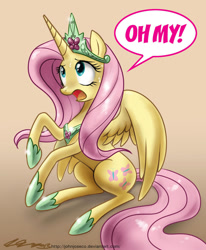 Size: 900x1091 | Tagged: safe, artist:johnjoseco, character:fluttershy, species:alicorn, species:pony, alicornified, crown, dialogue, female, fluttercorn, hoof shoes, jewelry, mare, oh my, open mouth, peytral, race swap, regalia, solo, speech bubble, surprised, sweat