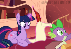 Size: 1800x1238 | Tagged: safe, artist:egophiliac, character:spike, character:twilight sparkle, book, quill, scroll, writing