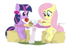 Size: 1350x900 | Tagged: safe, artist:dm29, character:fluttershy, character:twilight sparkle, character:twilight sparkle (alicorn), species:alicorn, species:pegasus, species:pony, :t, apple, bow, burger, cherry, confused, duo, eating, female, food, french fries, frown, fruit salad, glass, grapes, hair bow, hay bale, hay burger, hay fries, herbivore, hoof hold, hoof-friendly tool, looking at something, looking down, mare, mouth hold, nom, orange, puffy cheeks, raised eyebrow, salad, sandwich, show accurate, simple background, sitting, smiling, spoon, strawberry, table, transparent background, water