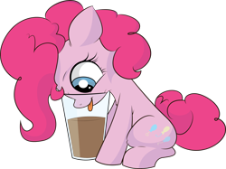 Size: 2800x2097 | Tagged: safe, artist:atryl, character:pinkie pie, species:earth pony, species:pony, behaving like a cat, blep, chocolate, chocolate milk, cup, cute, diapinkes, drink, eyes on the prize, female, filly, filly pinkie pie, floppy ears, food, glass, horse problems, mare, milk, open mouth, silly, silly pony, simple background, sitting, smiling, solo, stuck, tongue out, transparent background, vector, younger