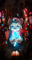 Size: 640x1200 | Tagged: safe, artist:atryl, oc, oc only, species:anthro, species:unguligrade anthro, clothing, fantasy, forest, ghost, glow, scarf, wisp