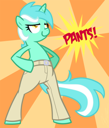 Size: 1014x1187 | Tagged: safe, artist:egophiliac, character:lyra heartstrings, species:pony, species:unicorn, artifact, bipedal, brony history, clothing, colored pupils, derp, exclamation point, female, glare, hand on hip, lidded eyes, lyra doing lyra things, mare, pants, partial nudity, secondary 6, semi-anthro, smiling, smirk, smug, solo, sunburst background, text, topless, wat