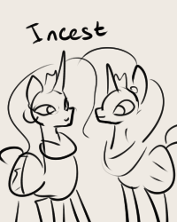 Size: 200x250 | Tagged: safe, artist:slavedemorto, character:princess celestia, character:princess luna, species:alicorn, species:pony, ship:princest, :>, c:, eye contact, female, incest, lesbian, lidded eyes, looking at each other, mare, monochrome, shipping, simple background, sketch, smiling, wat, white background