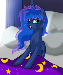 Size: 3731x4426 | Tagged: dead source, safe, artist:artitsmagic, artist:johnjoseco, character:princess luna, species:alicorn, species:pony, absurd resolution, bed, bed mane, female, looking at you, mare, messy mane, morning ponies, open mouth, pillow, solo