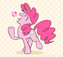 Size: 833x747 | Tagged: safe, artist:egophiliac, character:pinkie pie, species:earth pony, species:pony, checkered background, cupcake, cute, diapinkes, female, floppy ears, mare, open mouth, profile, slice of pony life, solo, tongue out