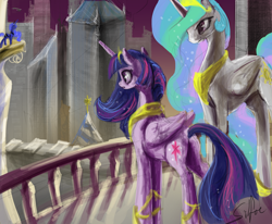 Size: 4000x3300 | Tagged: safe, artist:silfoe, character:princess celestia, character:princess luna, character:twilight sparkle, character:twilight sparkle (alicorn), species:alicorn, species:pony, :o, balcony, female, looking down, mare, older, smiling