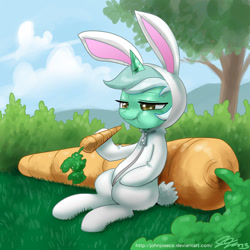 Size: 1000x1000 | Tagged: safe, artist:johnjoseco, character:lyra heartstrings, species:pony, species:unicorn, bunny costume, carrot, clothing, costume, eating, female, herbivore, horses doing horse things, kallisti, mare, solo
