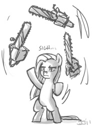 Size: 600x819 | Tagged: safe, artist:johnjoseco, character:pinkamena diane pie, character:pinkie pie, chainsaw, female, grayscale, juggling, monochrome, solo