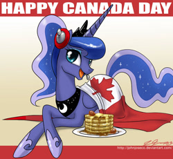Size: 900x827 | Tagged: safe, artist:johnjoseco, character:princess luna, species:alicorn, species:pony, g4, butter, canada, canada day, crossed legs, cute, female, food, headset, looking at you, lunabetes, mare, open mouth, pancakes, prone, signature, solo, syrup