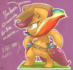Size: 1200x1147 | Tagged: safe, artist:atryl, character:rainbow dash, character:scootaloo, species:pegasus, species:pony, beard, bipedal, clothing, colored eyelashes, costume, cowboy, facial hair, i am the law, offscreen character, roleplaying, tail, water pistol, watergun, western