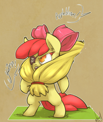 Size: 1019x1200 | Tagged: safe, artist:atryl, character:apple bloom, character:applejack, species:pony, beard, bipedal, clothing, costume, eyepatch, facial hair, offscreen character, pirate, tail