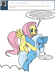 Size: 600x800 | Tagged: safe, artist:dekomaru, character:fluttershy, character:trixie, species:pony, tumblr:ask twixie, ask, flying, pet, tumblr