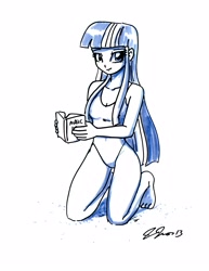 Size: 2550x3300 | Tagged: safe, artist:johnjoseco, character:twilight sparkle, species:human, book, clothing, female, humanized, one-piece swimsuit, solo, swimsuit