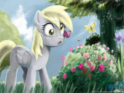 Size: 1200x900 | Tagged: safe, artist:johnjoseco, character:derpy hooves, species:pegasus, species:pony, bee, butterfly, female, flower, grass, mare, photoshop, solo, tree