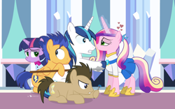 Size: 1280x800 | Tagged: safe, artist:dm29, character:doctor whooves, character:flash sentry, character:princess cadance, character:shining armor, character:time turner, character:twilight sparkle, species:changeling, bedroom eyes, clothing, doctor who, duckface, eye contact, eyes on the prize, frown, gritted teeth, heart, hoof hold, kissy face, magic, ponytail, prone, skirt, smiling, sonic screwdriver, spear, the doctor, wide eyes