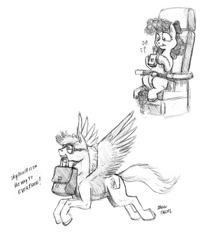 Size: 1100x1252 | Tagged: safe, artist:baron engel, oc, oc only, oc:sky brush, species:pegasus, species:pony, :t, bag, cute, everfree northwest, flying, grayscale, hoof hold, juice box, monochrome, mouth hold, pencil drawing, plane, sitting, sketch, smiling, spread wings, suitcase, traditional art, wings
