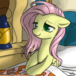 Size: 900x900 | Tagged: safe, artist:johnjoseco, character:fluttershy, species:pegasus, species:pony, g4, adobe imageready, bed, colored pupils, cute, female, floppy ears, lidded eyes, mare, messy hair, messy mane, morning ponies, shyabetes, sitting, smiling, solo