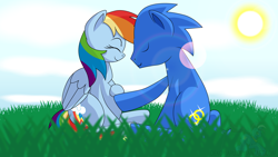 Size: 1920x1080 | Tagged: safe, artist:dekomaru, character:rainbow dash, character:sonic the hedgehog, oc, oc:sonic dash, species:pony, canon x oc, commission, crossover shipping, female, love, male, ponified, preggo dash, pregnant, shipping, sonic the hedgehog (series), sonicdash, straight