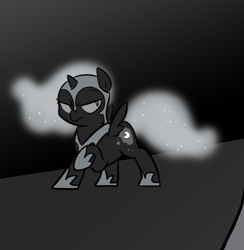 Size: 666x682 | Tagged: safe, artist:egophiliac, character:nightmare moon, character:princess luna, species:alicorn, species:pony, moonstuck, cute, dark woona, female, filly, grayscale, monochrome, nightmare woon, solo