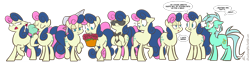 Size: 1280x324 | Tagged: safe, artist:egophiliac, character:bon bon, character:lyra heartstrings, character:sweetie drops, species:earth pony, species:pony, species:unicorn, bon bon is not amused, bon bond, bonpun, bow tie, clothing, dialogue, eyes closed, female, floppy ears, flower, harem, hat, hilarious in hindsight, ice cream, james bond, lidded eyes, line-up, mare, mare of a thousand voices, mirror pool, mouth hold, multeity, open mouth, question mark, raised hoof, simple background, slice of pony life, smiling, speech bubble, sunglasses, transparent background