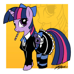 Size: 900x900 | Tagged: safe, artist:johnjoseco, character:twilight sparkle, character:twilight sparkle (unicorn), species:pony, species:unicorn, anarchy stocking, bow, candy, clothing, cosplay, crossover, dress, female, food, hair bow, honekoneko, mouth hold, panty and stocking with garterbelt, socks, solo, striped socks