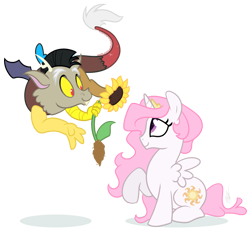 Size: 1000x918 | Tagged: safe, artist:egophiliac, character:discord, character:princess celestia, ship:dislestia, female, male, pink-mane celestia, shipping, straight, young, younger