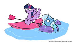 Size: 1139x676 | Tagged: safe, artist:egophiliac, character:trixie, character:twilight sparkle, character:twilight sparkle (alicorn), species:alicorn, species:pony, species:unicorn, female, floaty, hoof hold, inconvenient trixie, inner tube, kayak, mare, tumblr, tumblr:inconvenient trixie, twilight is not amused, unamused, water, water wings, woonoggles