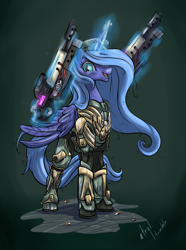 Size: 891x1200 | Tagged: safe, artist:atryl, character:princess luna, species:alicorn, species:pony, armor, asmd shock rifle, beret, commission, crossover, dual wield, female, gun, magic, mare, open mouth, pills, s1 luna, solo, the fun has been doubled, thunder crash, unreal tournament, ut2004, warrior luna, weapon