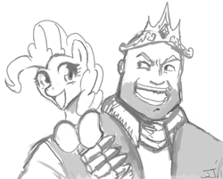 Size: 900x724 | Tagged: safe, artist:johnjoseco, character:pinkie pie, species:earth pony, species:human, species:pony, crossover, crown, duo, grayscale, heavy weapons guy, jewelry, looking at each other, monochrome, smiling, team fortress 2, tiara
