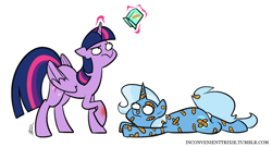 Size: 952x515 | Tagged: safe, artist:egophiliac, character:trixie, character:twilight sparkle, character:twilight sparkle (alicorn), species:alicorn, species:pony, species:unicorn, bandage, bandaid, duo, female, glowing horn, horn, inconvenient trixie, injured, levitation, magic, magic aura, mare, prone, simple background, telekinesis, tumblr, tumblr:inconvenient trixie, twilight is not amused, unamused, white background, woonoggles