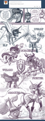 Size: 700x1887 | Tagged: safe, artist:johnjoseco, character:derpy hooves, character:princess celestia, character:princess luna, character:shining armor, character:trixie, character:twilight sparkle, species:alicorn, species:earth pony, species:elf, species:pegasus, species:pony, species:unicorn, ask princess molestia, gamer luna, princess molestia, amazon, armor, ask, axe, battle axe, clothing, comic, cosplay, costume, dragon's crown, dwarf, female, fighter, magic staff, male, mare, plot, shield, simple background, sorceress, stallion, sunbutt, the ass was fat, video game, weapon, white background, wing hands, wing hold, wizard