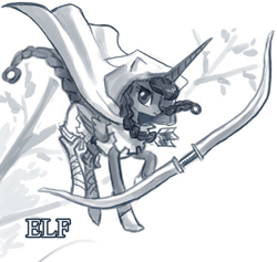Size: 453x430 | Tagged: safe, artist:johnjoseco, character:princess luna, species:alicorn, species:elf, species:pony, braid, braided tail, cosplay, dragon's crown, female, grayscale, mare, monochrome, simple background, solo, white background