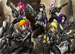Size: 1053x758 | Tagged: safe, artist:johnjoseco, artist:michos, character:applejack, character:fluttershy, character:pinkie pie, character:rainbow dash, character:rarity, character:twilight sparkle, species:human, crossover, gears of war, humanized, mane six